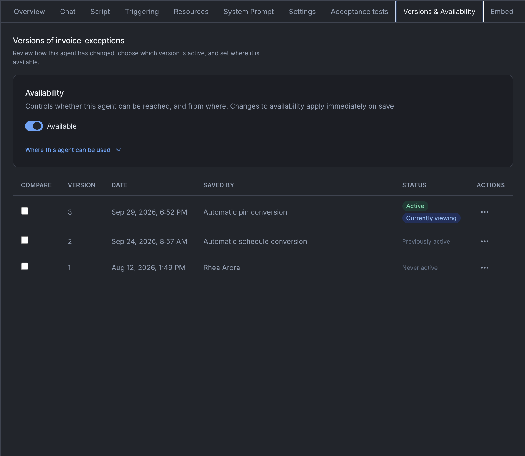 The Versions & Availability tab: the Availability controls above, then every version listed newest first with its date, who saved it and its status.