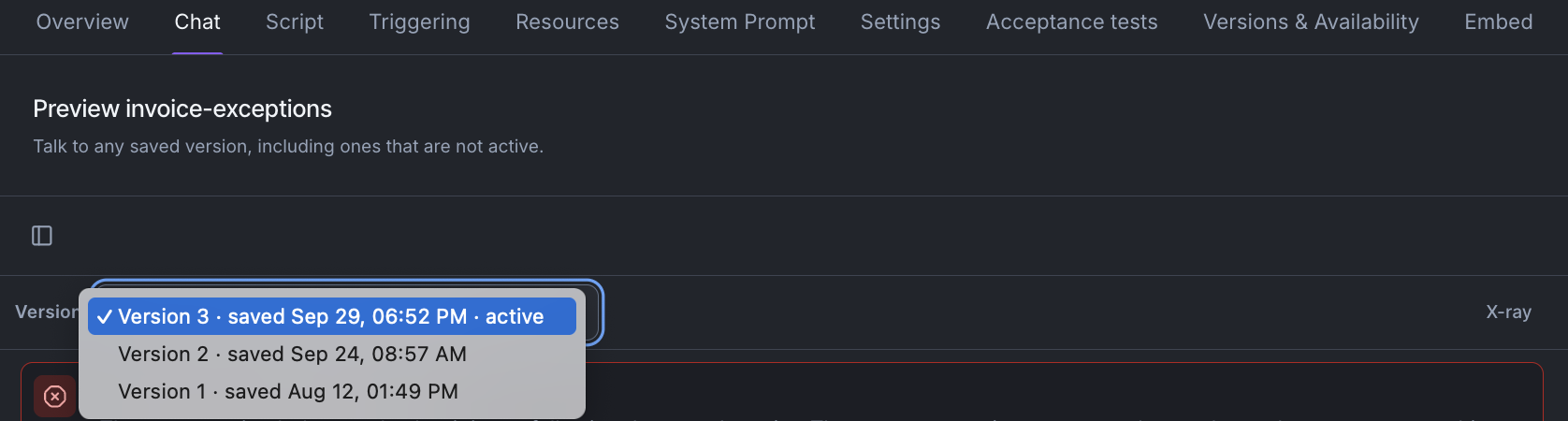 The version picker on the Chat tab, listing each saved version with the active one marked.