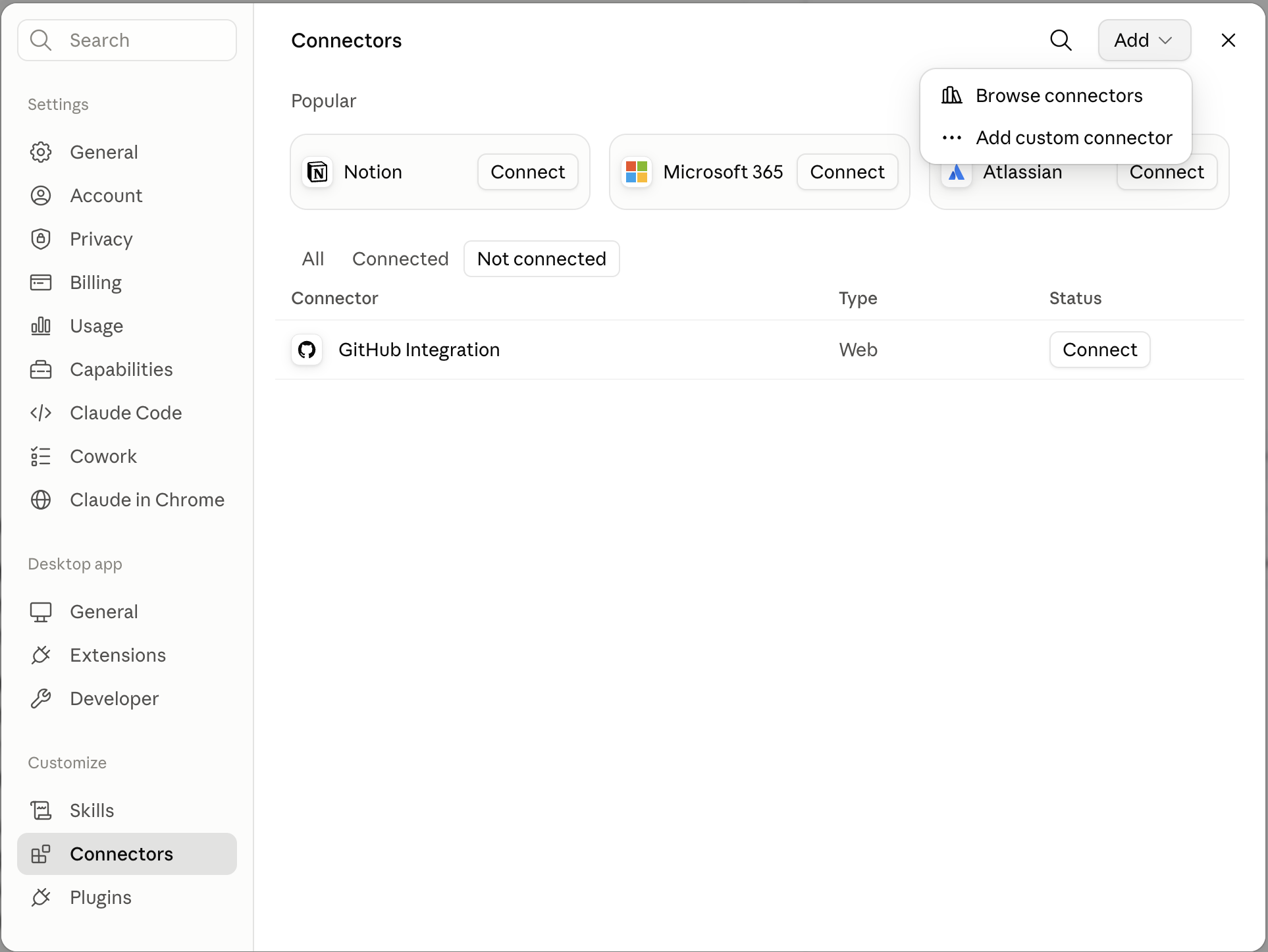 Claude's Settings → Connectors screen, with "Add custom connector" in the Add menu, ready to take Mindset's MCP server address and key.