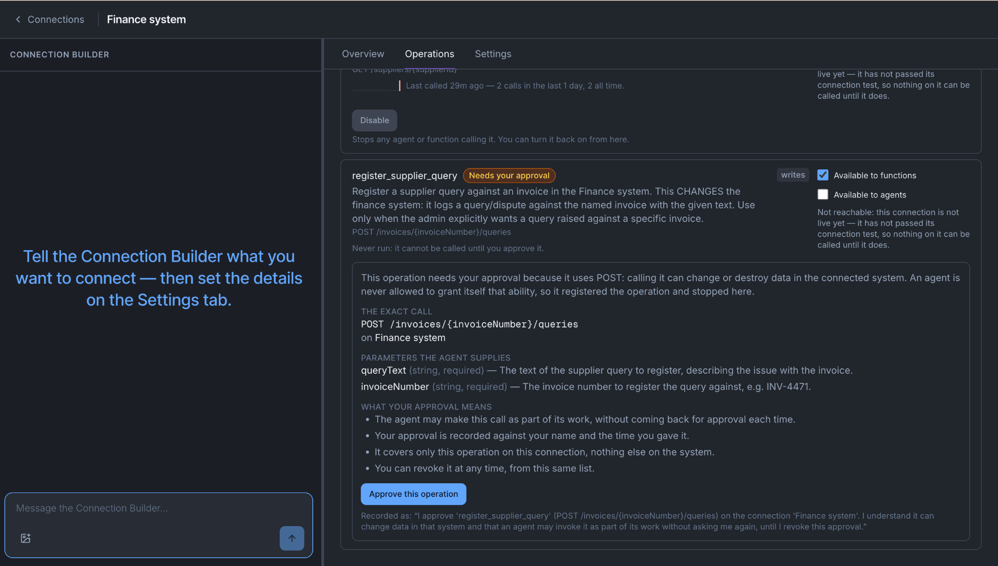 The Operations tab with register_supplier_query showing "Needs your approval", the exact call it would make, and an Approve this operation button.