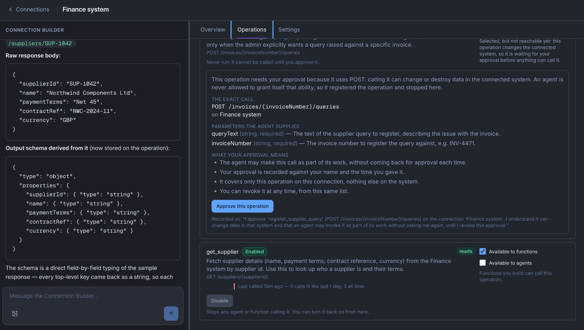 The get_supplier operation's raw response body next to the output schema derived from it, field by field.
