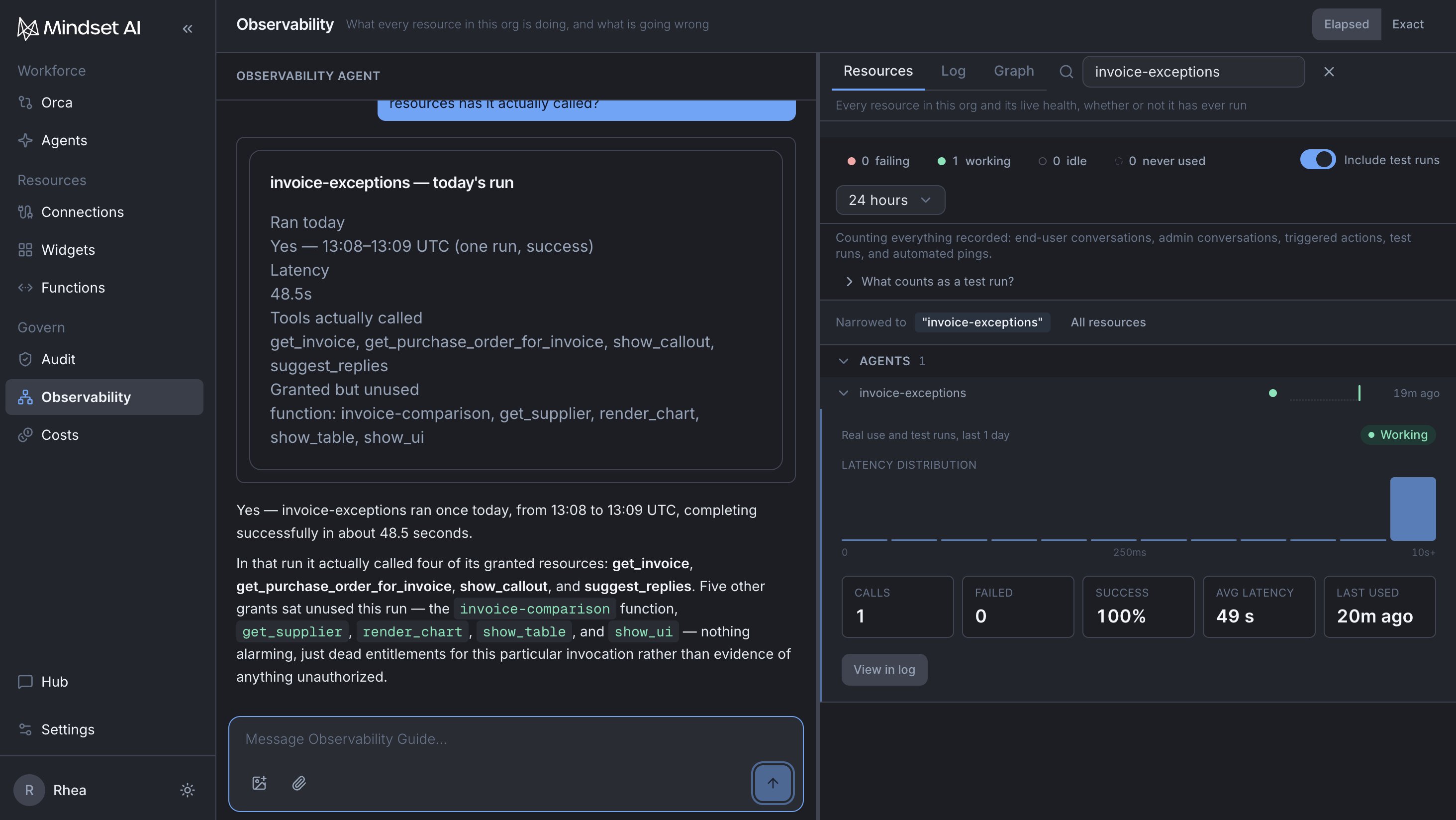 The Observability Guide docked beside a narrowed view of the invoice-exceptions agent: today's run, latency, and which tools were actually called versus granted but unused.