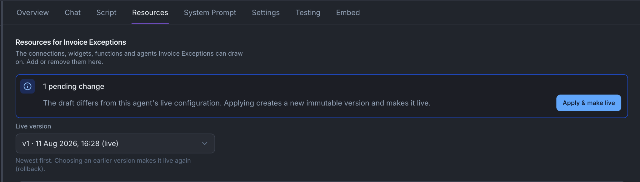 The agent's Resources tab showing "1 pending change" (the draft differs from the live configuration) with an Apply & make live button.