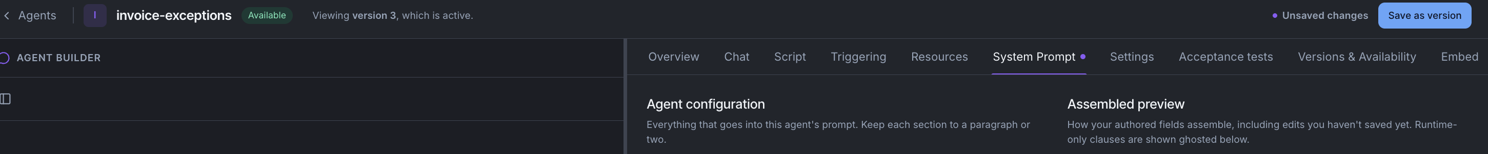 The top of the agent page showing an Unsaved changes marker with a purple dot, a Save as version button, and a matching dot on the System Prompt tab.