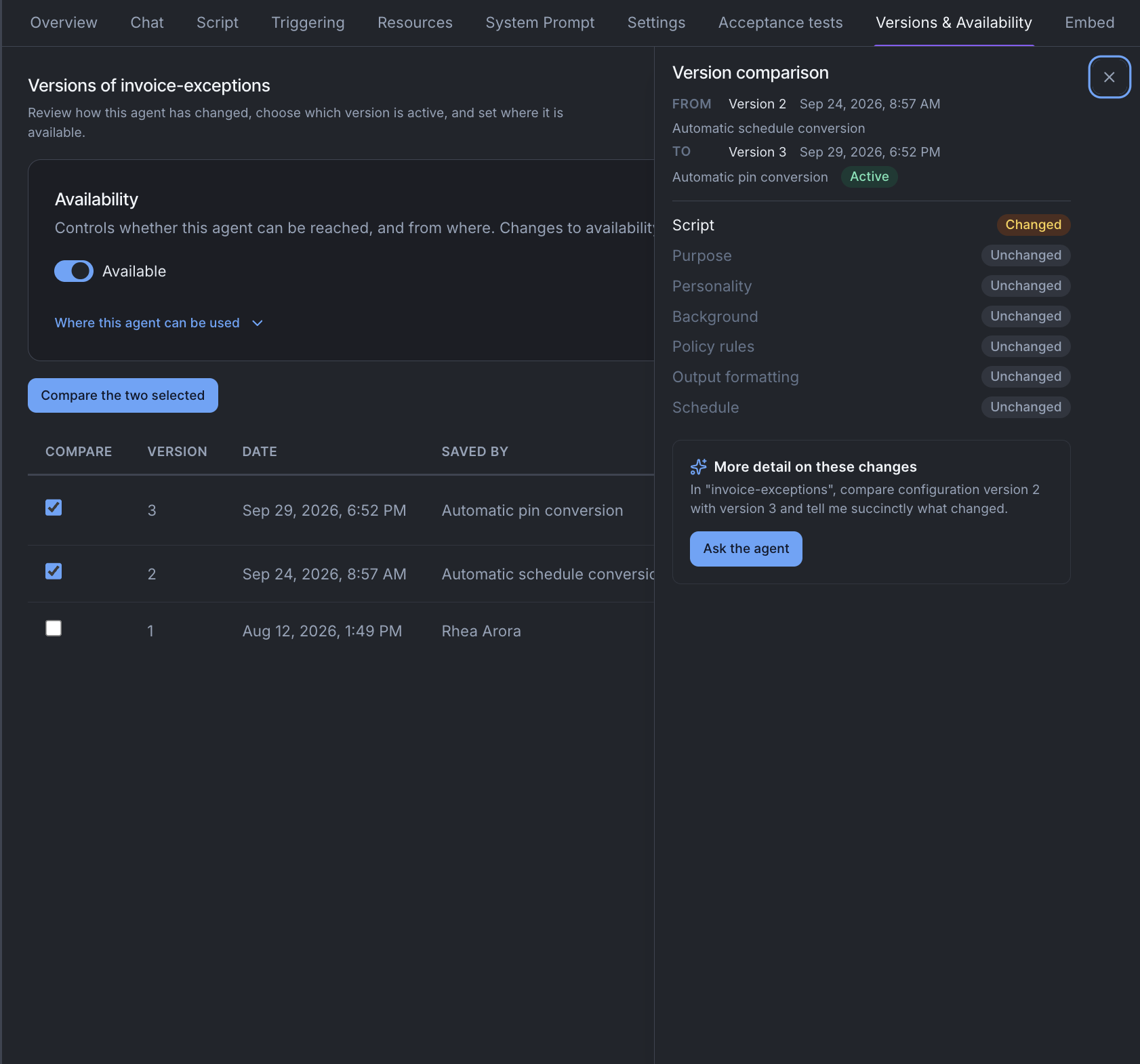 The version comparison panel: comparing version 2 with version 3, each part of the agent marked Changed or Unchanged.