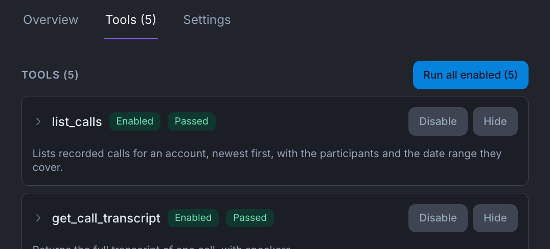 A Gong connection’s Tools tab listing list_calls and get_call_transcript, each Enabled and Passed